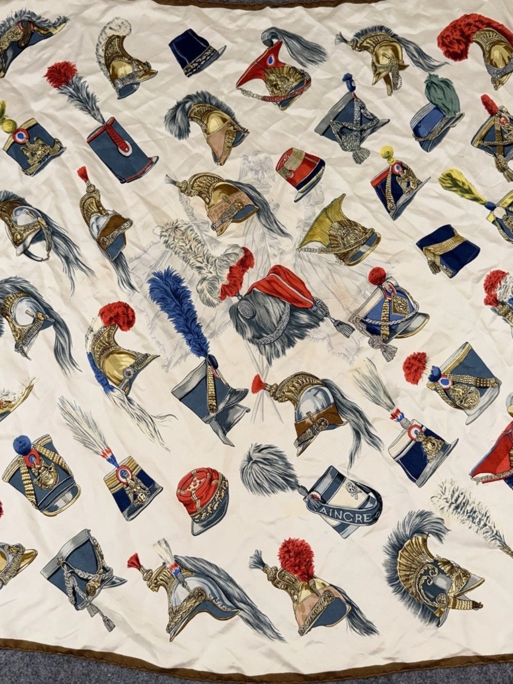 Vintage Hermes Paris Coiffures Militaires Silk Scarf 35x33” Hand Rolled Edges